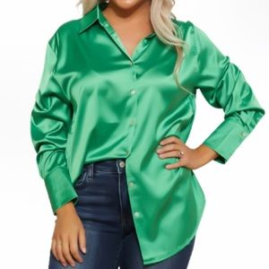 GeeGee Kelly Green Satin Button Down Shirt